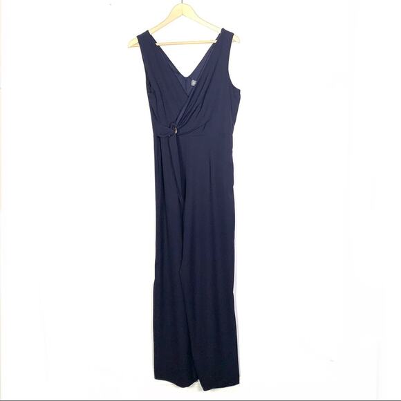 Donna Ricco navy blue sleeveless wide leg crossed top w tie jumpsuit size 10 - Picture 1 of 5